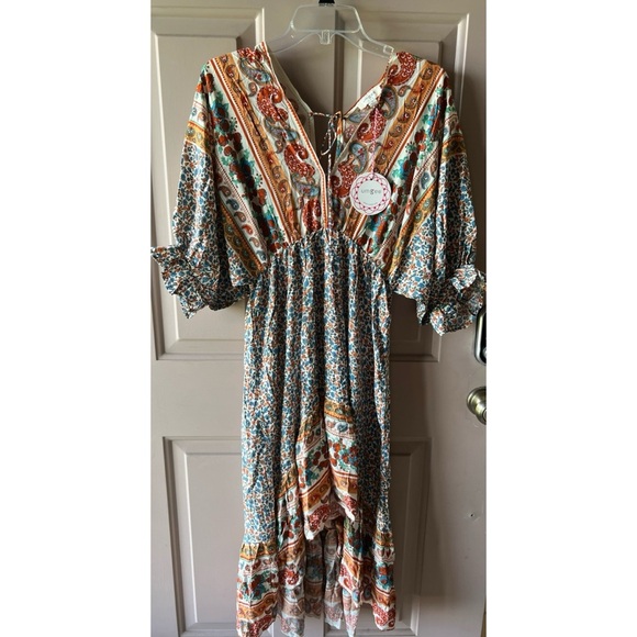 Boho Mixed Print Asymmetrical Hem Back Tie Dress Umgee Boutique NWT S #994 - Picture 5 of 13